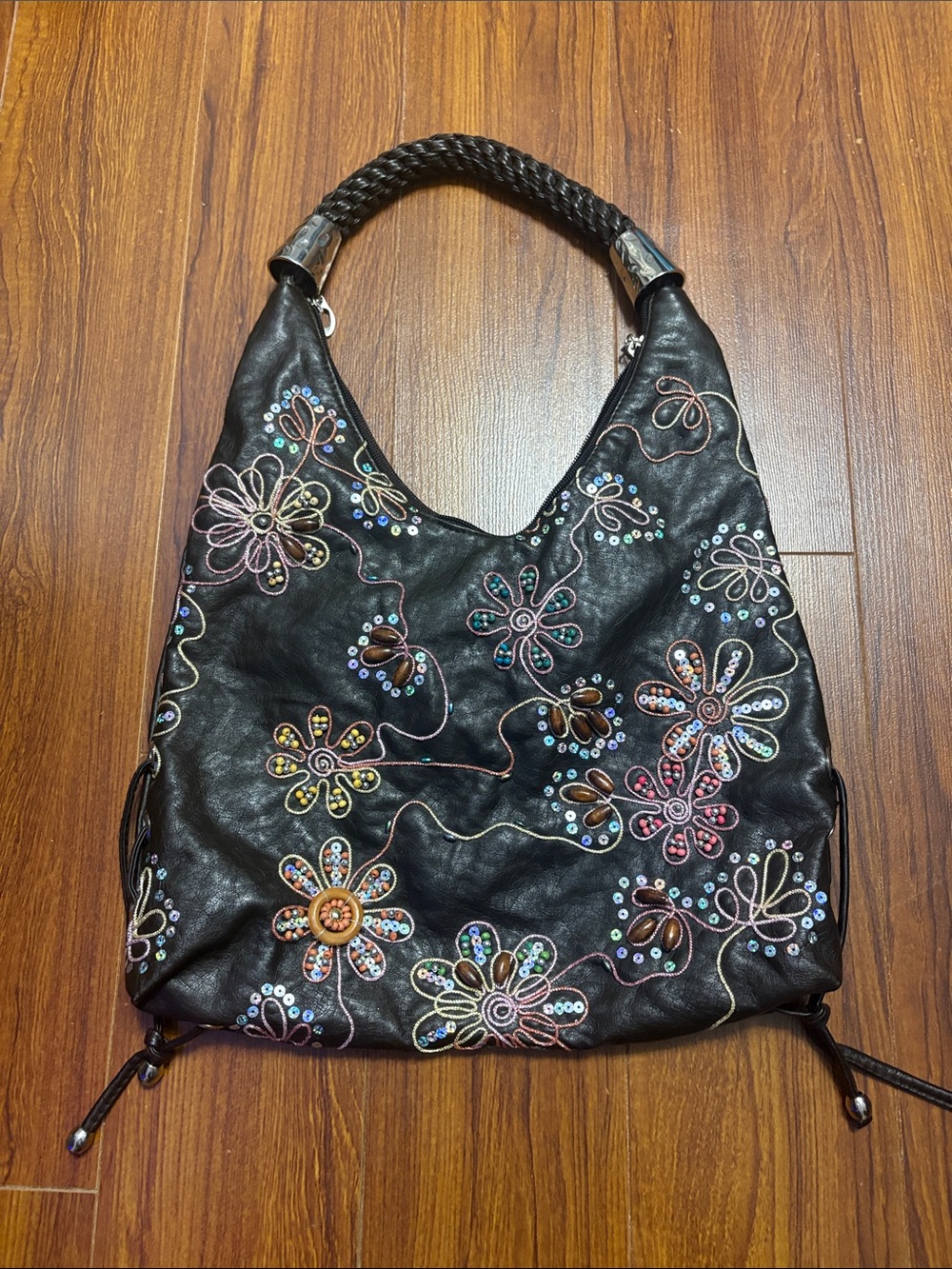 Embellished Black Floral Hobo Bag